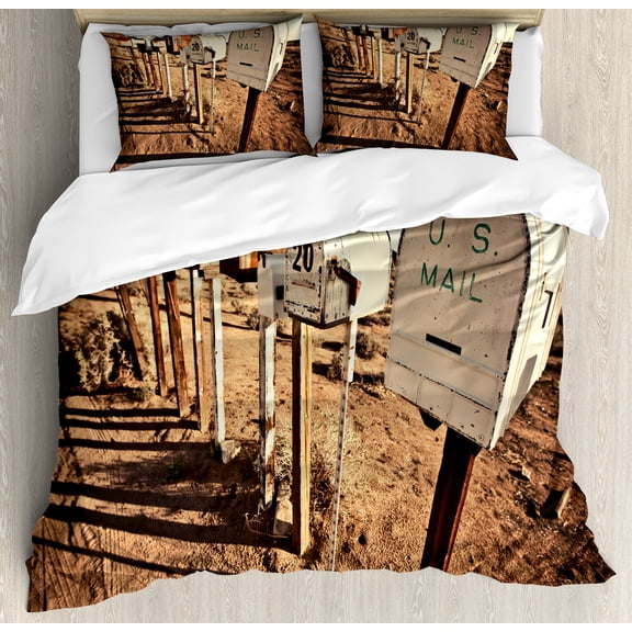 United States Duvet Cover Set, Old Mailboxes in West America Rural Rusty Landscape Grunge Countryside, Decorative 3 Piece Bedding Set with 2 Pillow Shams, King Size, Brown Blue White, by Ambesonne