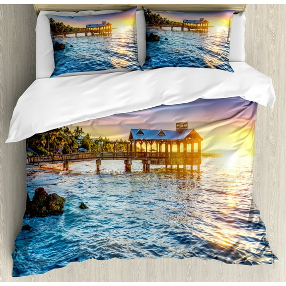 United States Duvet Cover Set, Pier at Beach in Key West Florida USA Tropical Summer Paradise, Decorative 3 Piece Bedding Set with 2 Pillow Shams, Calking Size, Pale Blue Yellow Green, by Ambesonne
