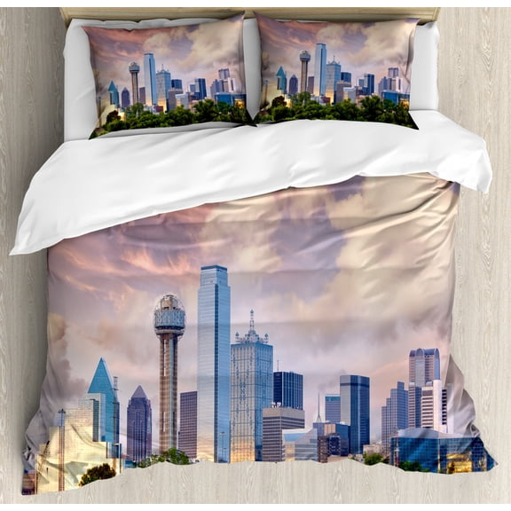United States Duvet Cover Set Queen Size, Dallas City Skyline at Sunset Clouds Texas Highrise Skyscrapers Landmark, Decorative 3 Piece Bedding Set with 2 Pillow Shams, Multicolor, by Ambesonne