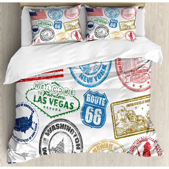 United States Duvet Cover Set Queen Size, Grunge Stamps of America Las Vegas New York San Francisco Hawaii Illustration, Decorative 3 Piece Bedding Set with 2 Pillow Shams, Multicolor, by Ambesonne