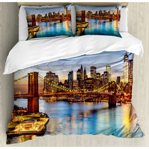 United States Duvet Cover Set Queen Size, New York City Skyline Over East River Brooklyn Bridge Twilight, Decorative 3 Piece Bedding Set with 2 Pillow Shams, Blue Dark Orange Yellow, by Ambesonne