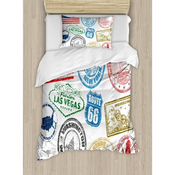 United States Duvet Cover Set Twin Size, Grunge Stamps of America Las Vegas New York San Francisco Hawaii Illustration, Decorative 2 Piece Bedding Set with 1 Pillow Sham, Multicolor, by Ambesonne