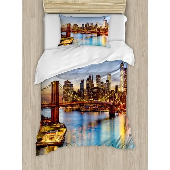United States Duvet Cover Set Twin Size, New York City Skyline Over East River Brooklyn Bridge Twilight, Decorative 2 Piece Bedding Set with 1 Pillow Sham, Blue Dark Orange Yellow, by Ambesonne