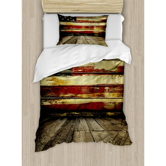 United States Duvet Cover Set Twin Size, Vintage American Flag on Wooden Planks Wall Background Grunge Print, Decorative 2 Piece Bedding Set with 1 Pillow Sham, Umber Cream Red Blue, by Ambesonne