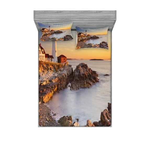 United States Fitted Sheet & Pillow Sham Set, Cape Elizabeth Maine River Portland Lighthouse Sunrise USA Coast Scenery, Decorative Printed 6 Piece Bedding Decor Set, Full, Pale Blue Tan, by Ambesonne