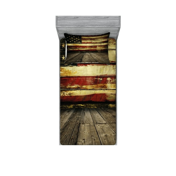 United States Fitted Sheet & Pillow Sham Set, Vintage Art American Flag on Wooden Planks Wall Background Grunge Print, Decorative Printed 4 Piece Bedding Decor Set, Twin, Cream and Red, by Ambesonne