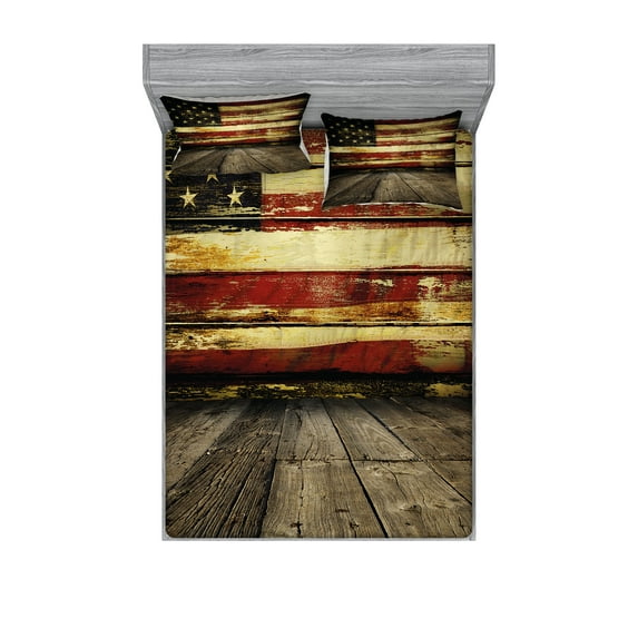United States Fitted Sheet & Pillow Sham Set, Vintage Art American Flag on Wooden Planks Wall Background Grunge Print, Decorative Printed 6 Piece Bedding Decor Set, Full, Cream and Red, by Ambesonne