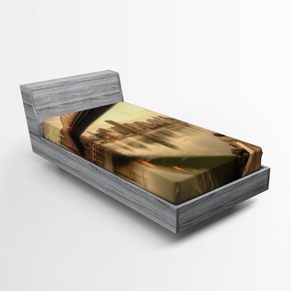 Ambesonne United States Fitted Sheet, Queenboro Bridge, Twin Size, Tan Eggshell