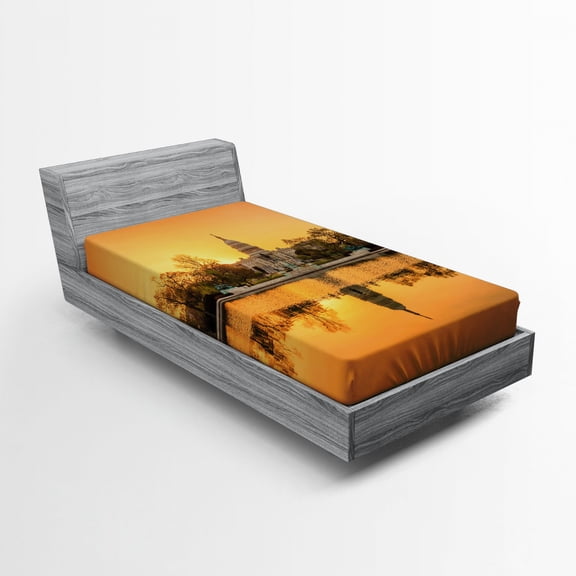 Ambesonne United States Fitted Sheet, American Capital City, Twin XL Size, Apricot and Ginger