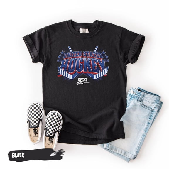 United States Hockey Youth Shirt, Patriotic USA Ice Rink Graphic Tee, American Winter Sports Team Fan Top, Comfort Colors Unisex Cotton T-Shirt, Size S-3XL
