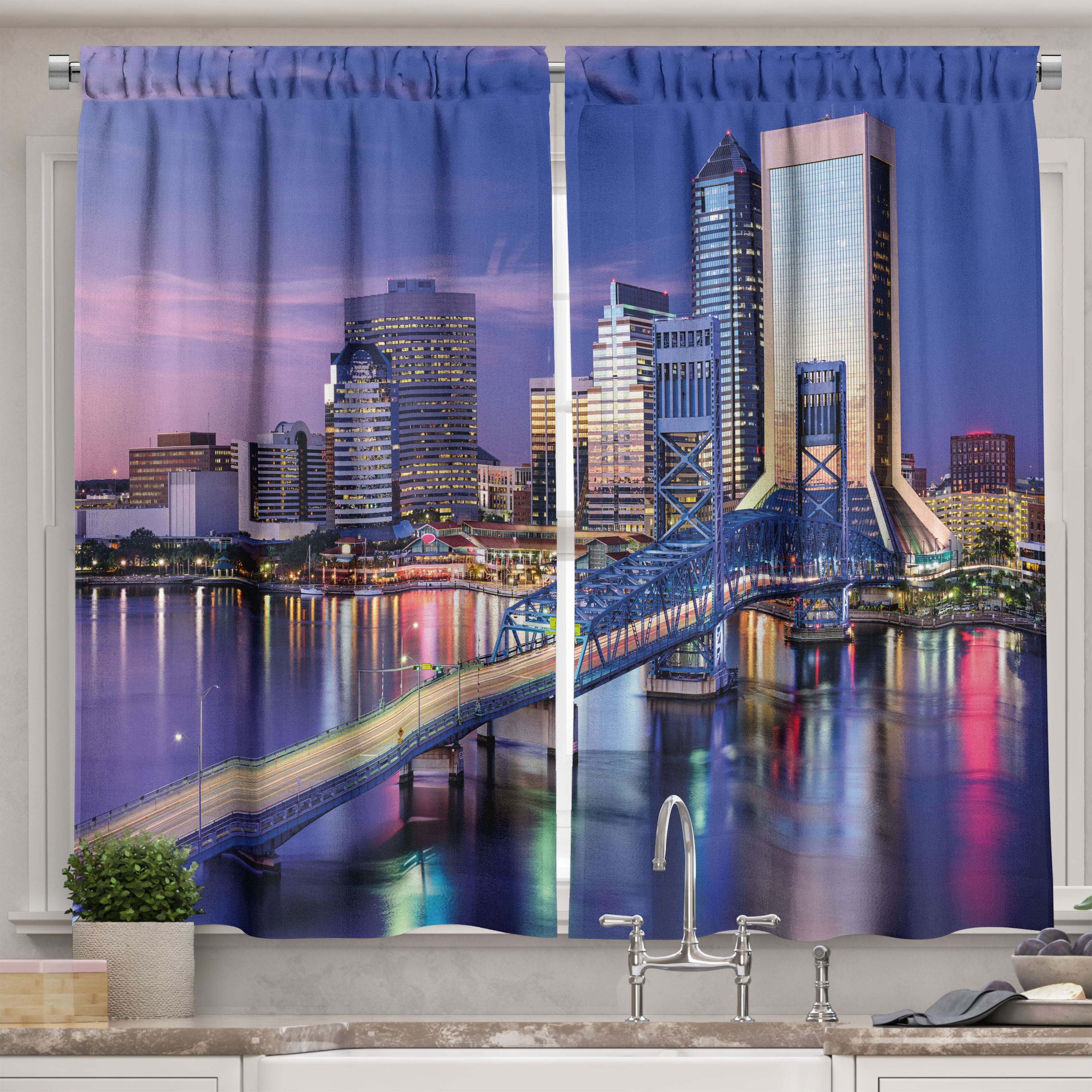 United States Kitchen Curtains, Urban Cityscape Bridge Office Buildings