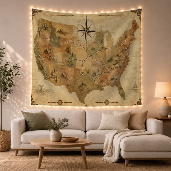 United States Map Among Dashed Routes and Framed Filigree, Adventurous Vintage for Travel Lovers, Route Decor, Housewarming Gift, Tapestry Wall Hanging for Bedroom and Den