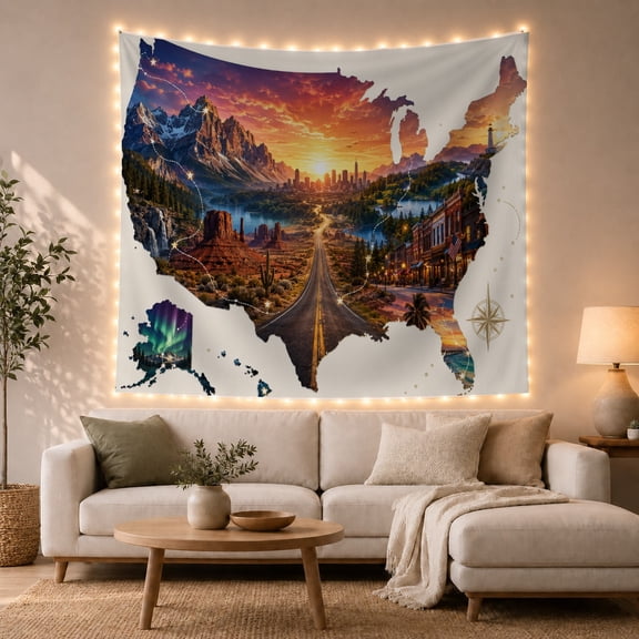 United States Map Filled With Sunset Mountains, Adventurous Vintage Style for Travel Lovers, Map Wall Art, Graduation Gift, Tapestry Wall Hanging for Dorm and Office
