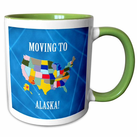 3drose, United States Map, Moving to Alaska, Heart and Car with Luggage, 11oz Two-tone Green Mug