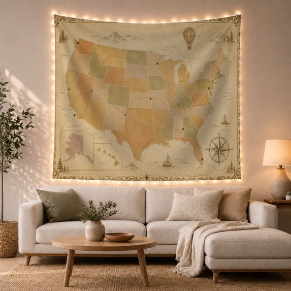 United States Map on Parchment with Balloon, Boats and Routes, Adventurous Vintage for Travel Lovers, Journey Art, Housewarming Gift, Tapestry Wall Hanging for Bedroom and Den