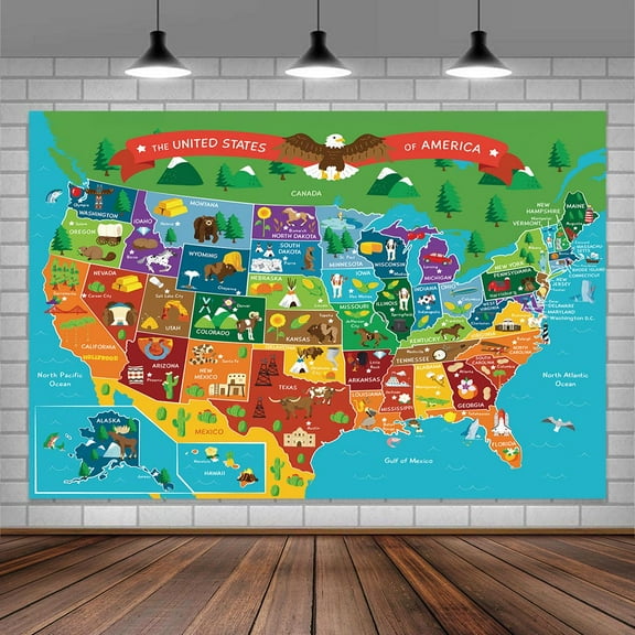 United States Map Party Backdrop,7X5Ft Cartoon Fun Facts Geography Usa Map Photography Background Party Event Decoration