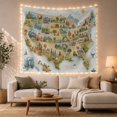 thumbnail image 1 of United States Map with Regional Icons and Sunny Ocean, Cheerful Illustration for Travel Lovers, Map Wall Decor Housewarming Gift, Tapestry Wall Hanging for Classroom and Dorm, 1 of 7