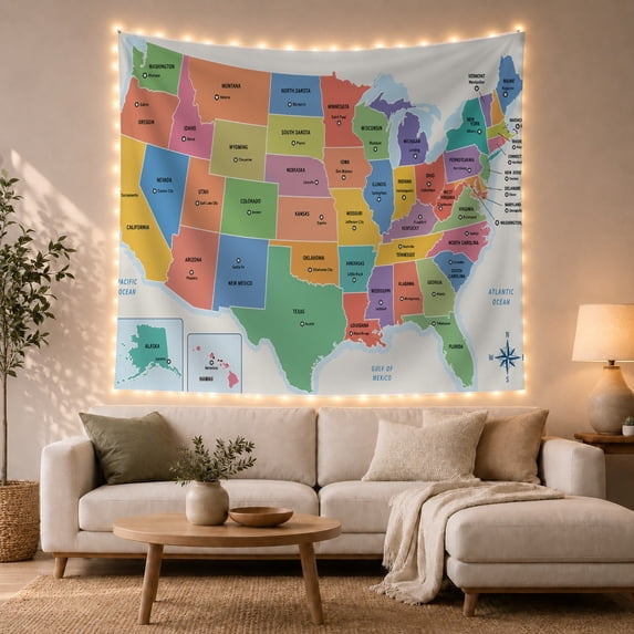 United States Map with State Capitals, Calming Illustration for Map Lovers, Educational Wall Art, Back to School Gift, Tapestry Wall Hanging for Classroom and Office