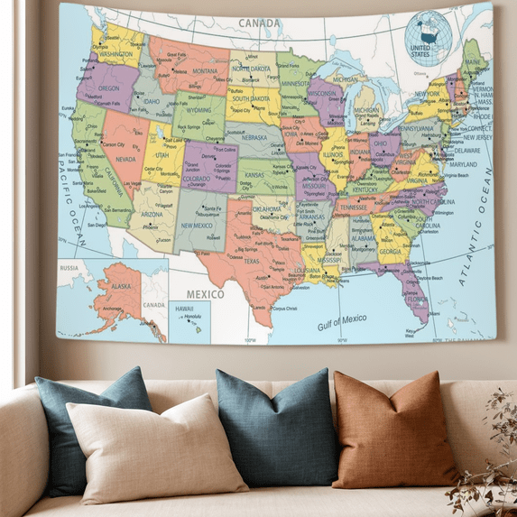 United States Map Tapestry with 50 US Stickers, Educational USA Map Tapestry Showing States, Mapa De Estados Unidos for Living Room, Bedroom, Classroom, Dorm Geography Decor - HD Print, 60x51 Inch
