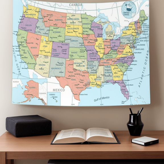 United States Map Tapestry with 50 US Stickers, Educational USA Map Tapestry Showing States, Mapa De Estados Unidos for Living Room, Bedroom, Classroom, Dorm Geography Decor - HD Print, 40x28 Inch