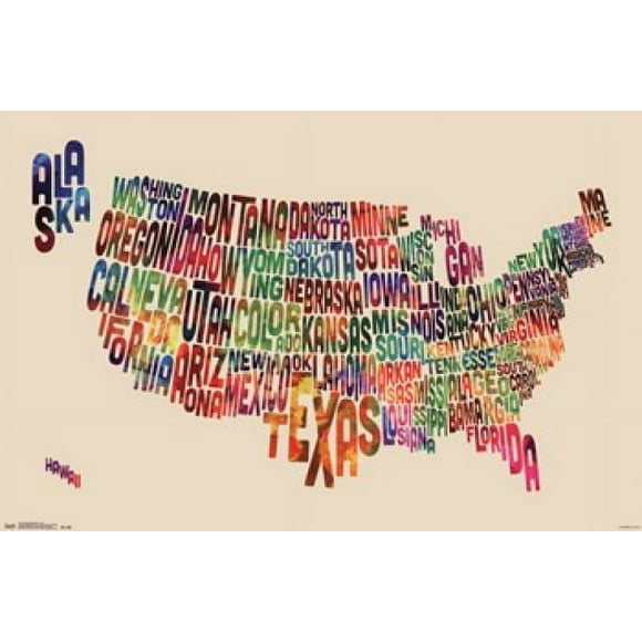 United States Map - Text Laminated Poster Print (34 x 22)