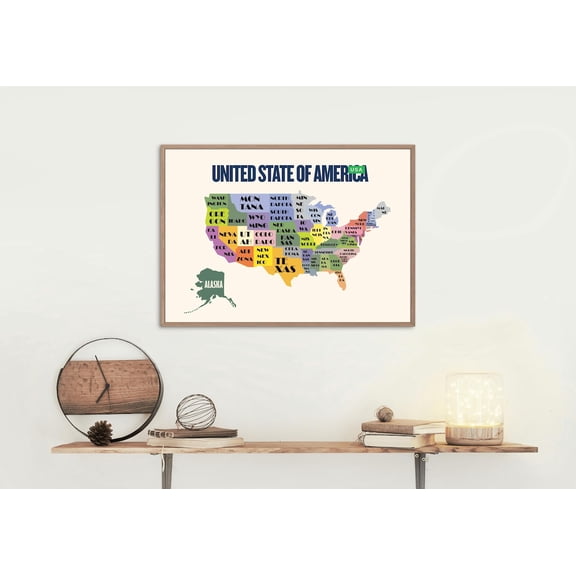 United States Map Wall Art Colorful USA States Educational America Decor, Stretched Canvas 12x16in