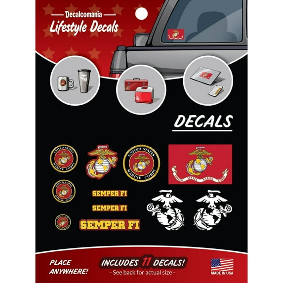 United States Marine Corps - 11 Piece USMC Licensed Stickers for Car Truck Windows, Phones, Tablets, Laptops by Decalcomania