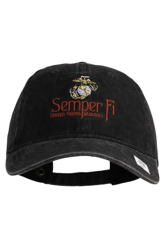 United States Marines Semper Fi Emblem Embroidered Washed Solid Pigment Dyed Cotton Twill Brass Buckle Cap - Black OSFM
