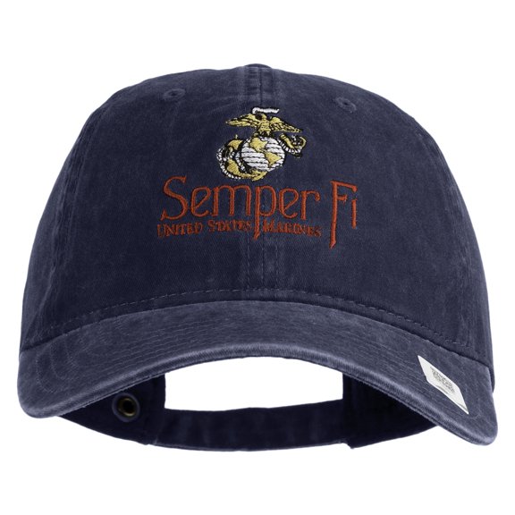 United States Marines Semper Fi Emblem Embroidered Washed Solid Pigment Dyed Cotton Twill Brass Buckle Cap - Navy OSFM