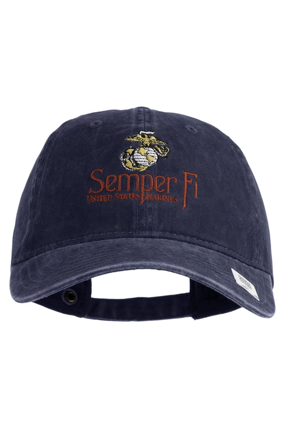United States Marines Semper Fi Emblem Embroidered Washed Solid Pigment Dyed Cotton Twill Brass Buckle Cap - Navy OSFM