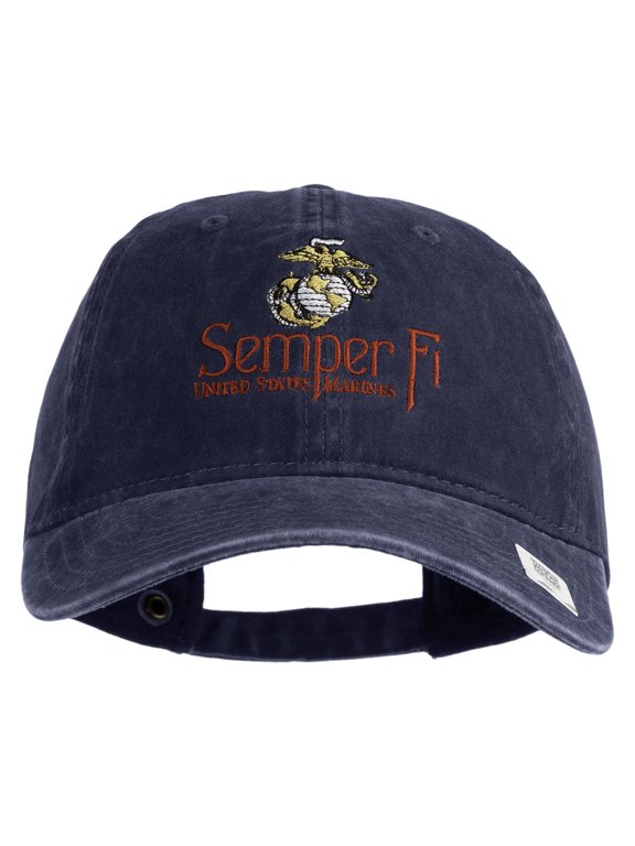 United States Marines Semper Fi Emblem Embroidered Washed Solid Pigment Dyed Cotton Twill Brass Buckle Cap - Navy OSFM