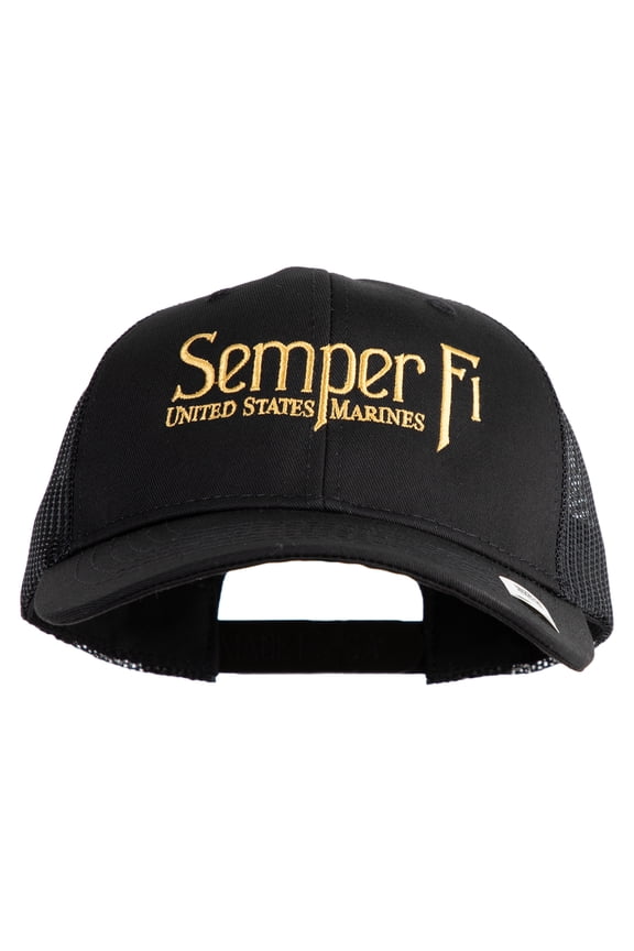 United States Marines Semper Fi Embroidered 6 Panel Structured Cotton Twill Mesh Cap Made in USA - Black OSFM