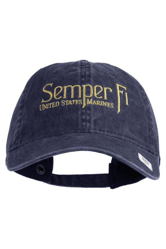United States Marines Semper Fi Embroidered Washed Solid Pigment Dyed Cotton Twill Brass Buckle Cap - Navy OSFM
