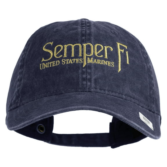 United States Marines Semper Fi Embroidered Washed Solid Pigment Dyed Cotton Twill Brass Buckle Cap - Navy OSFM