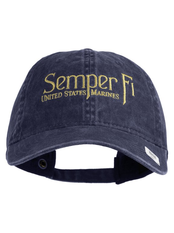 United States Marines Semper Fi Embroidered Washed Solid Pigment Dyed Cotton Twill Brass Buckle Cap - Navy OSFM