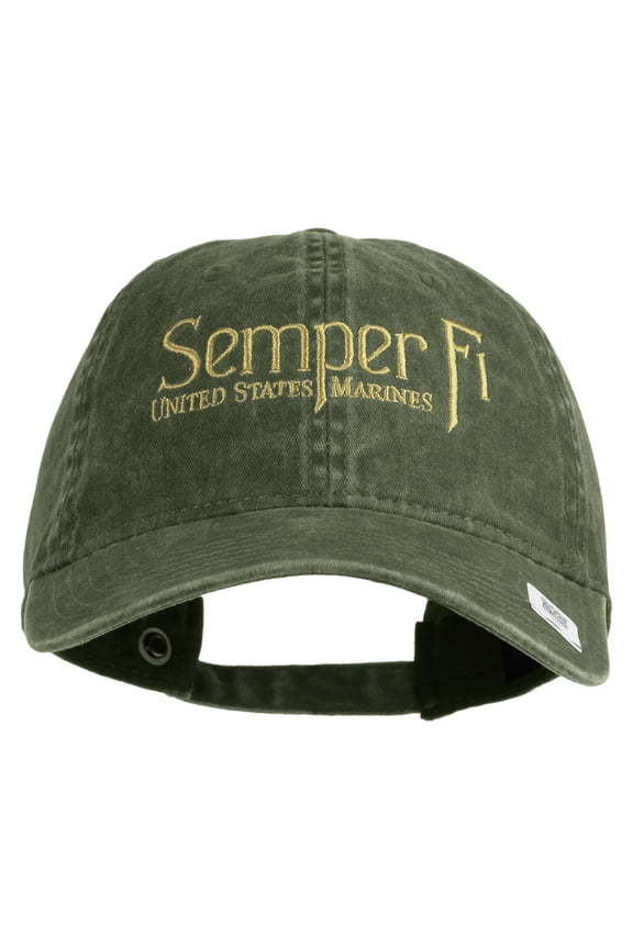 United States Marines Semper Fi Embroidered Washed Solid Pigment Dyed Cotton Twill Brass Buckle Cap - Olive OSFM