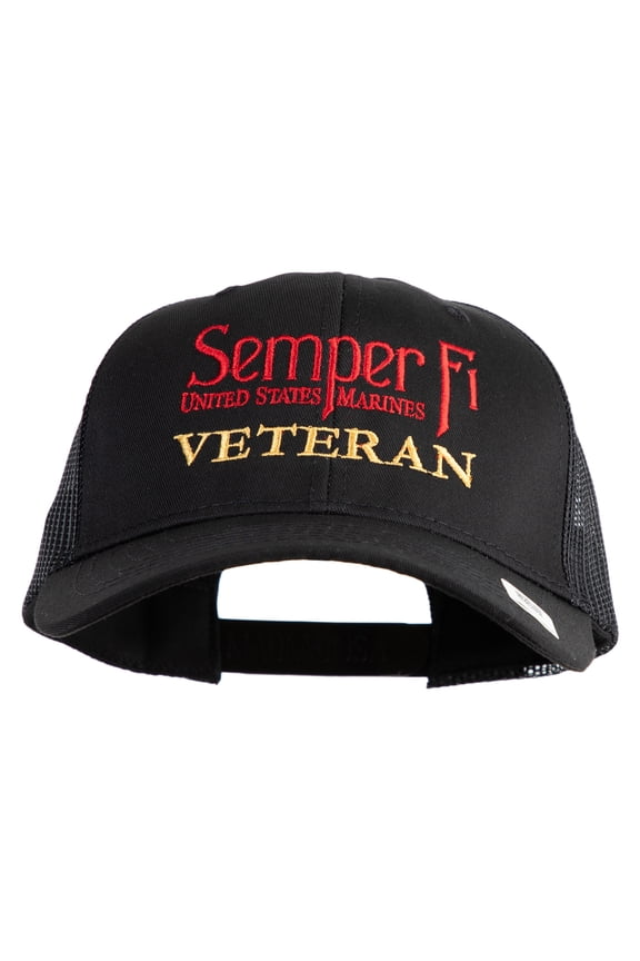 United States Marines Semper Fi Veteran Embroidered 6 Panel Structured Cotton Twill Mesh Cap Made in USA - Black OSFM