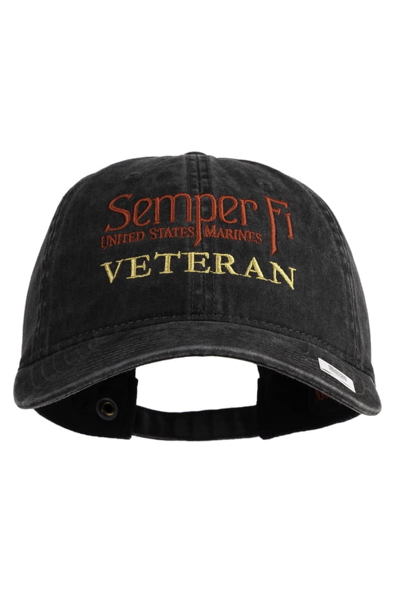 United States Marines Semper Fi Veteran Embroidered Washed Solid Pigment Dyed Cotton Twill Brass Buckle Cap - Black OSFM