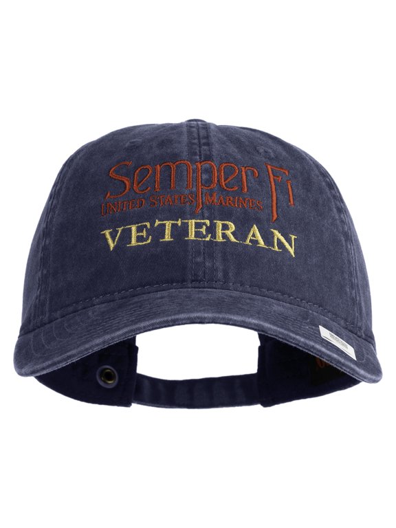 United States Marines Semper Fi Veteran Embroidered Washed Solid Pigment Dyed Cotton Twill Brass Buckle Cap - Navy OSFM