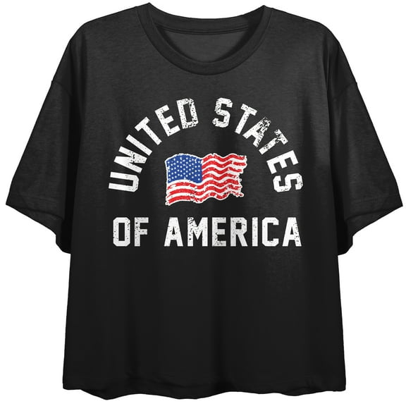 United States Of America Flag Crew Neck Short Sleeve Women's Black Crop Top-XL