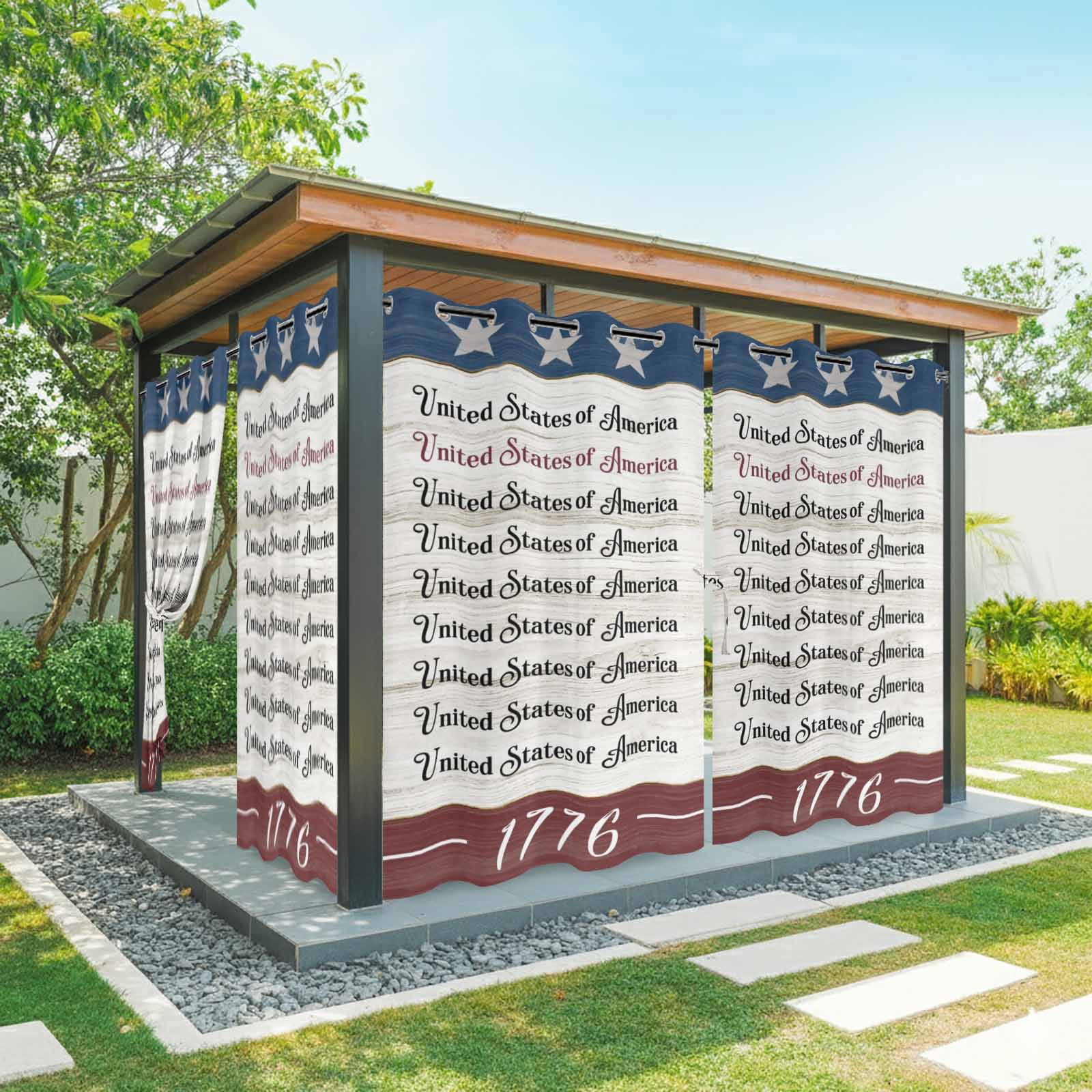 United States Outdoor Curtains for Patio, Red Blue Independence Day Stars Vintage Wood Grain Sunshade Privacy Drapes Grommet Waterproof Outside Curtains for Porch/Cabana/Balcony 54"x 108", 1 Panel