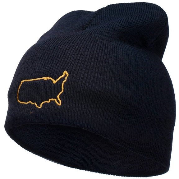 United States Outline Map Embroidered Short Beanie - Navy OSFM
