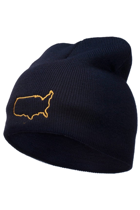 United States Outline Map Embroidered Short Beanie - Navy OSFM