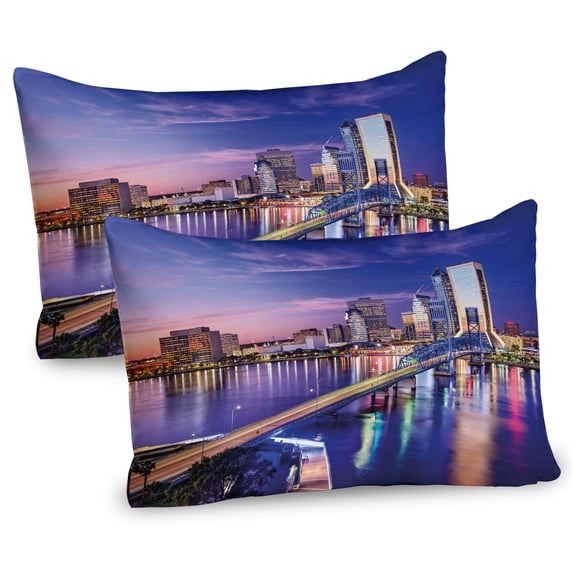 United States Pillow Sham Set of 2, Jacksonville Florida Skyline Vibrant Night St. Johns River Scenic, Quality Microfiber Bedding Item for All Seasons, 26" x 20", Royal Blue Pale Pink, by Ambesonne