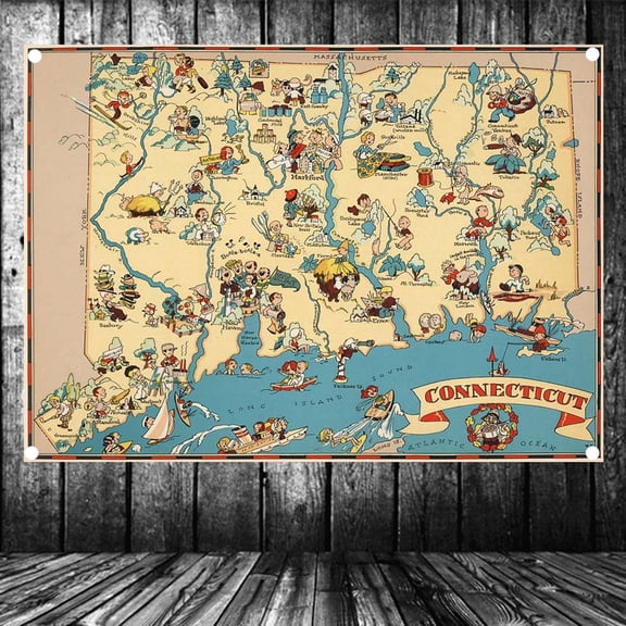 United States Published in 1935 Connecticut Map Flag Banner Vintage Wall Art Posters and Prints Canvas Painting Wall Hanging Cloth Tapestry Room, Office, Home Decoration,38X57 inches