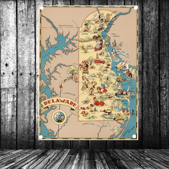 United States Published in 1935 Delaware Map Flag Banner Vintage Wall Art Posters and Prints Canvas Painting Wall Hanging Cloth Tapestry Room, Office, Home Decoration,38X57 inches