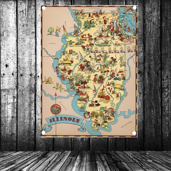 United States Published in 1935 Illinois Map Flag Banner Vintage Wall Art Posters and Prints Canvas Painting Wall Hanging Cloth Tapestry Room, Office, Home Decoration,38X57 inches