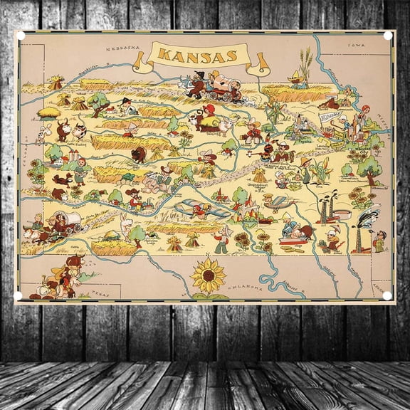United States Published in 1935 Kansas Map Flag Banner Vintage Wall Art Posters and Prints Canvas Painting Wall Hanging Cloth Tapestry Room, Office, Home Decoration,38X57 inches