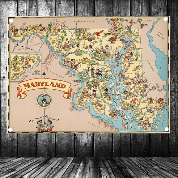 United States Published in 1935 Maryland Map Flag Banner Vintage Wall Art Posters and Prints Canvas Painting Wall Hanging Cloth Tapestry Room, Office, Home Decoration,38X57 inches