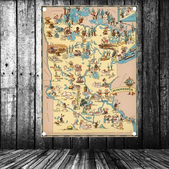 United States Published in 1935 Minnesota Map Flag Banner Vintage Wall Art Posters and Prints Canvas Painting Wall Hanging Cloth Tapestry Room, Office, Home Decoration,38X57 inches